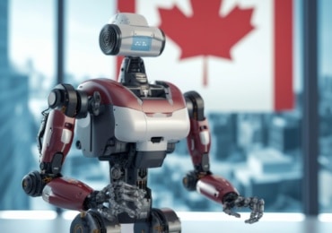 Robot sitting with Canadian flag in background