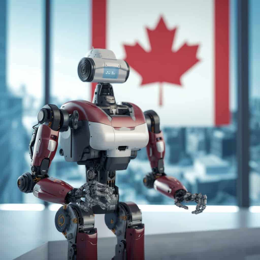 Robot sitting with Canadian flag in background